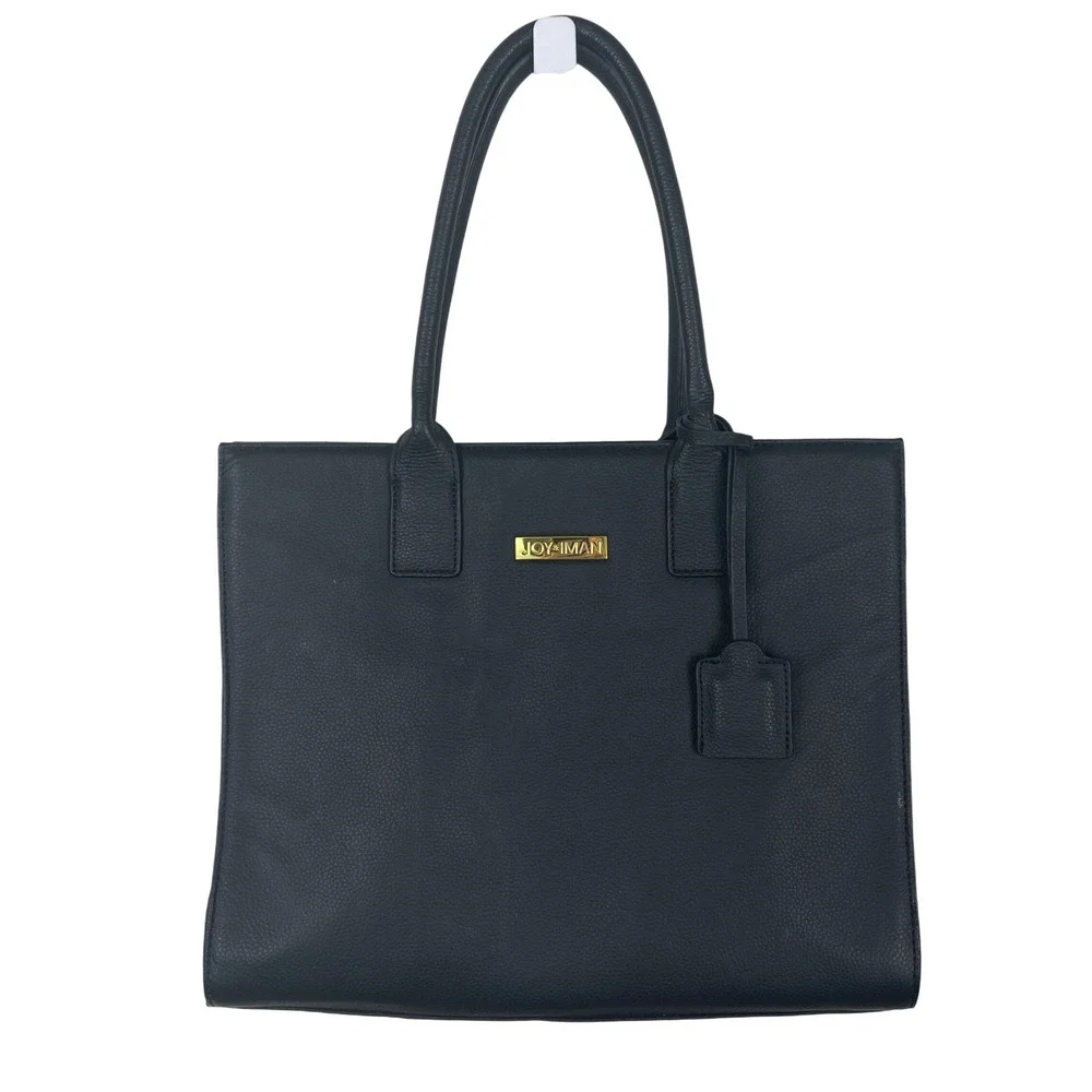JOY & IMAN Black Textured Leather Tote Bag with Gold Accents and‎ Charm Watch